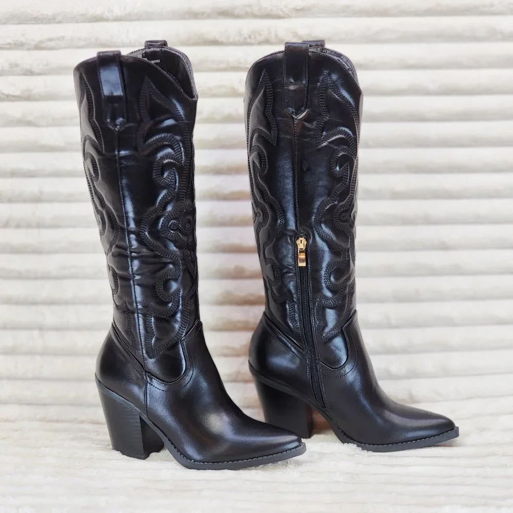 Electric Cowboy Jet Black Matte Western Knee High Cowgirl Boots Jet Black - Picture 4 of 15